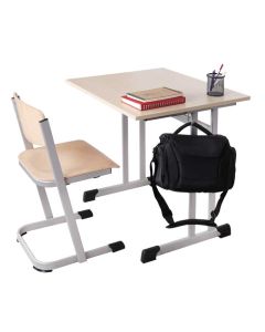 Einer-Schülertisch, Doppel-C-Form, Standard, 70 x 50 cm, Ahorn - Lichtgrau, Tischhöhe 76 cm, Taschenhaken rechts