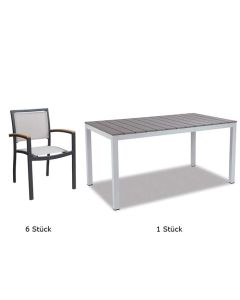 Outdoorset Davos, 1 x Tisch Liezen 140 x 80 cm, 6 x Stühle Davos mit Armlehnen aus Teakholz